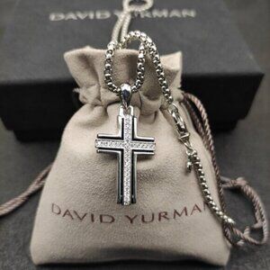 David Yurman Silver Cross Diamond Necklace